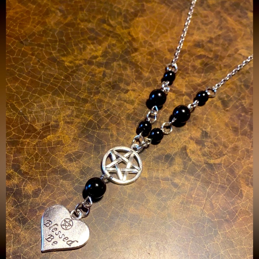 Black Rosary Bead Necklace Blessed Be Pentagram Pentacle Silver Heart Witch New